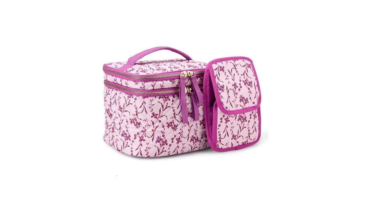 Amazon Essentials Women's Quilted Makeup Bag With Brush Storage, Pink