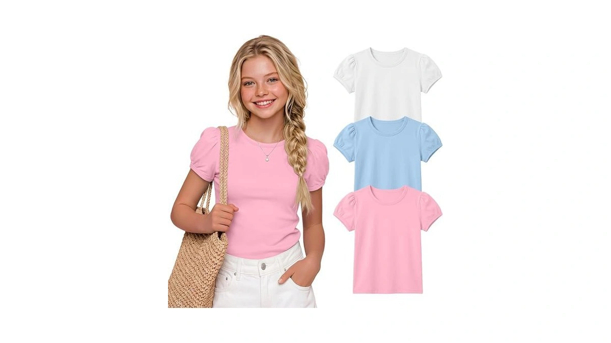 Yooaurvox 3 Pack Girls' Puff Short Sleeve Shirts Tween Crew