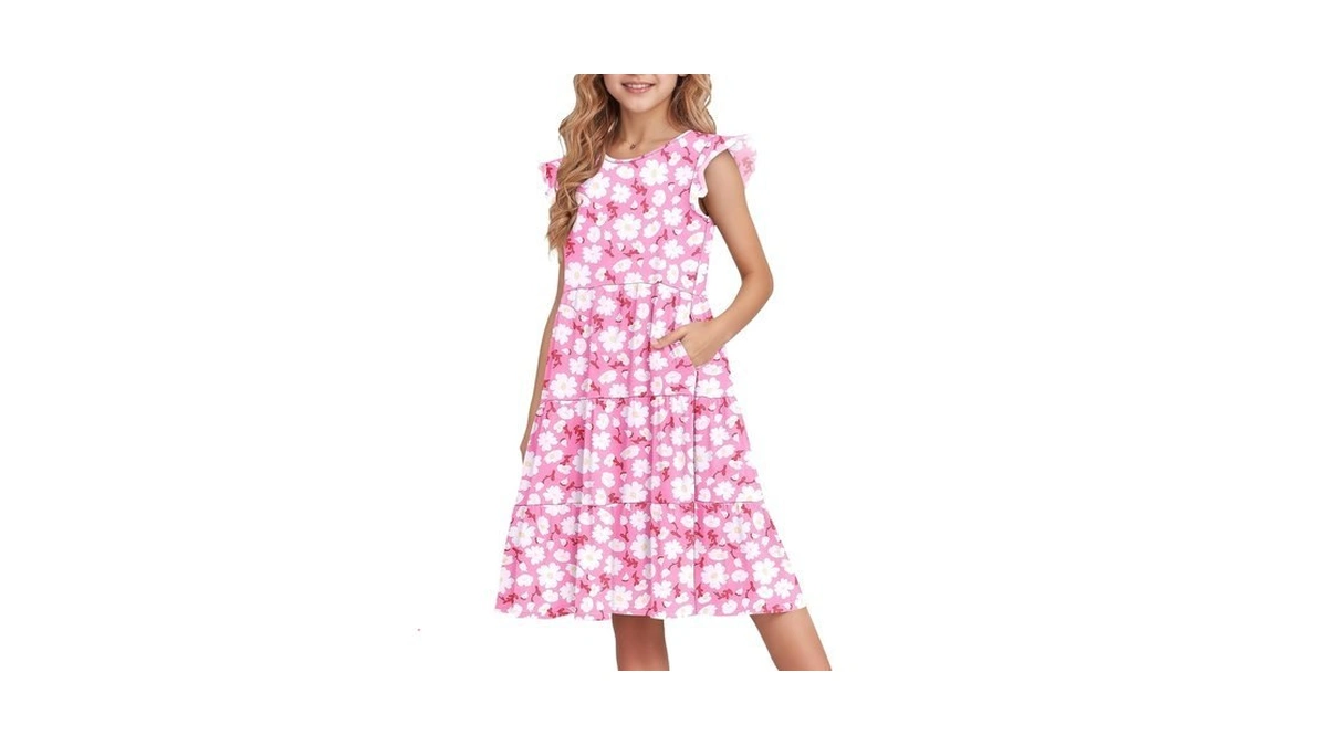 Girl's Summer Flutter Sleeve Dresses Kids Floral Long Midi Flowy