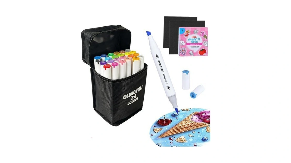Olingyou Coloring Marker,24 Colors Fine & Chisel Dual Tip Marker