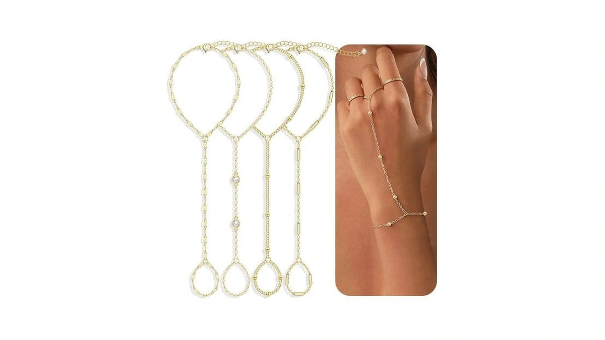 4 Pcs Gold Hand Chain Bracelets For Women, Dainty 14k