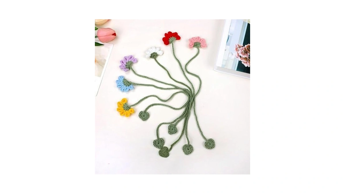 6pcs Flower Crochet Bookmarks, Daisy Sunflower Personalized Cute String Bookmarks