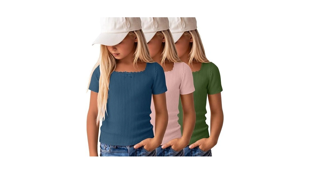 Lessonzoo 3 Pack Girl's Short Sleeve Shirts Square Neck Ribbed