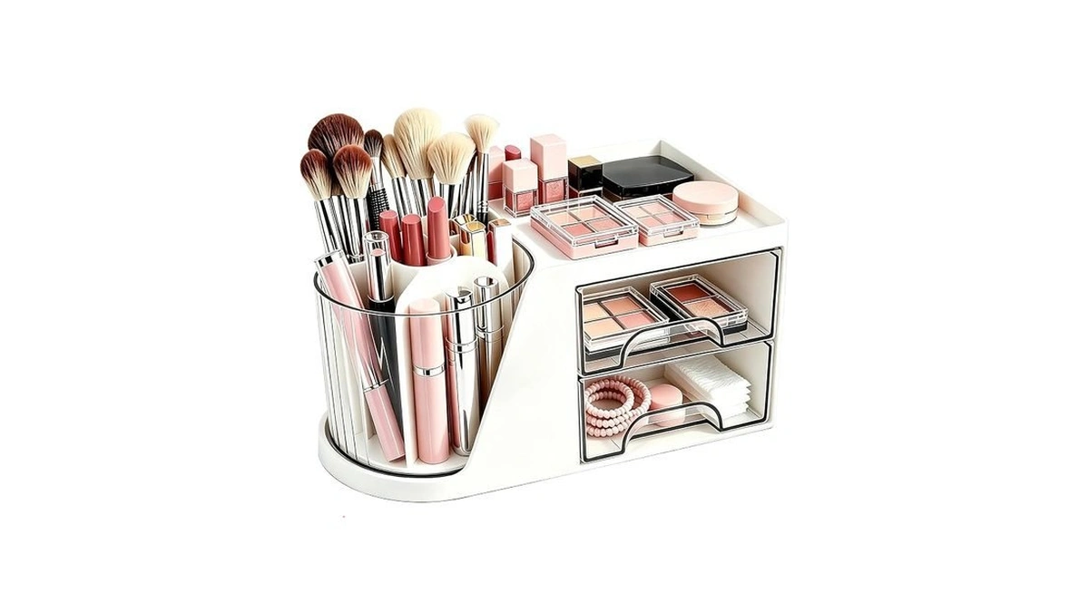 Neehows Makeup Organizer With 360°rotating Brush Holder, Small Plastic Cosmetic
