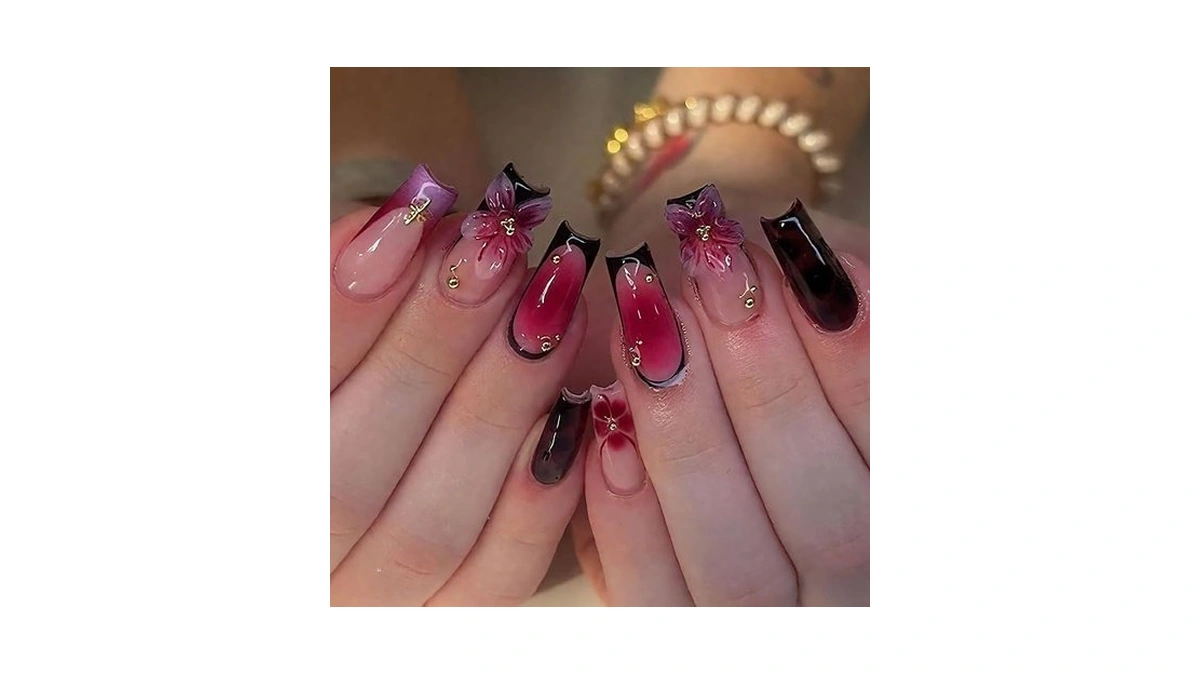 3d Floral Press On Nails Long Square Fake Nails Black
