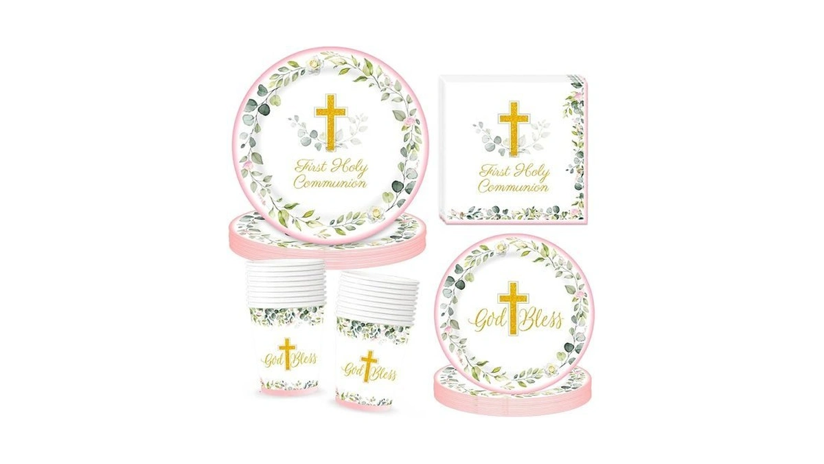 First Communion Decorations,paper Plates And Napkins Set(serves 25),pink First Communion