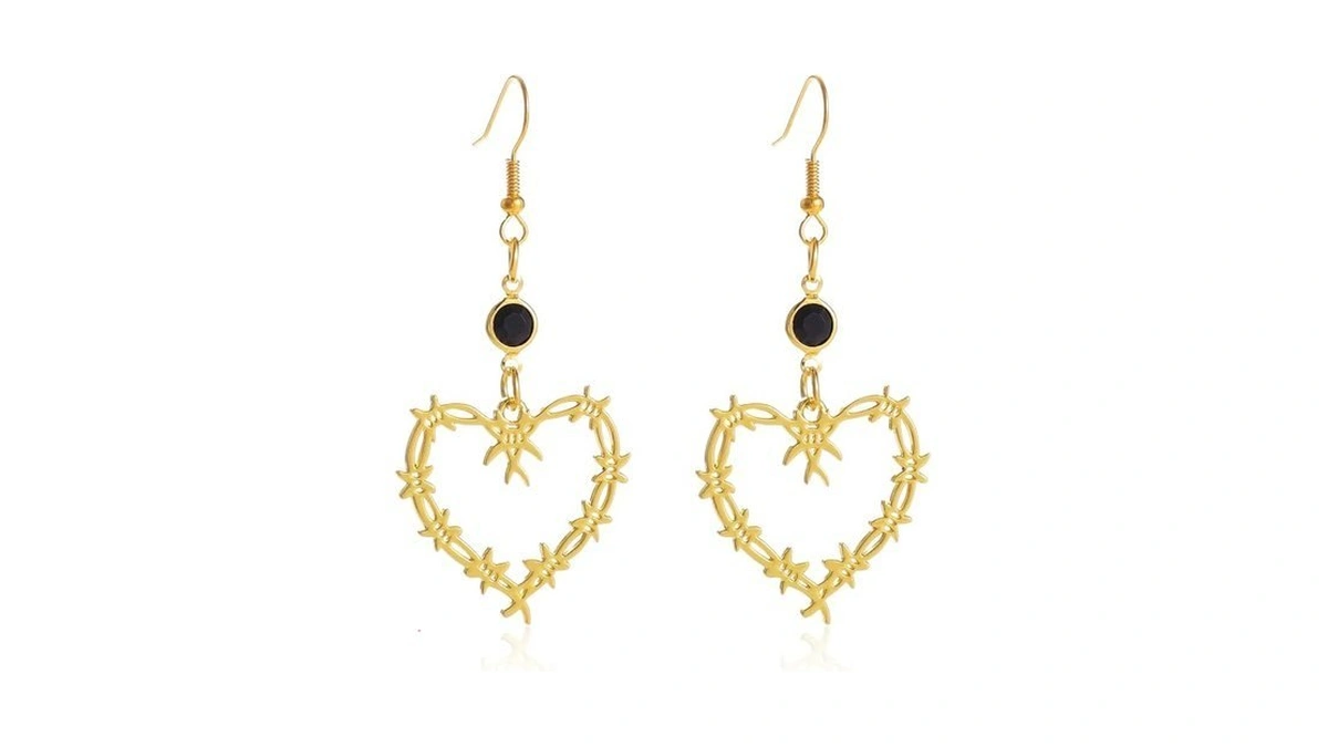 Rrdaily Gothic Barbed Wire Thorn Heart Earrings Gold Silver Heart
