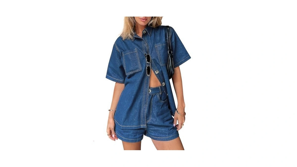 Bisual Womens Denim Set Casual Short Sleeve Denim Top And