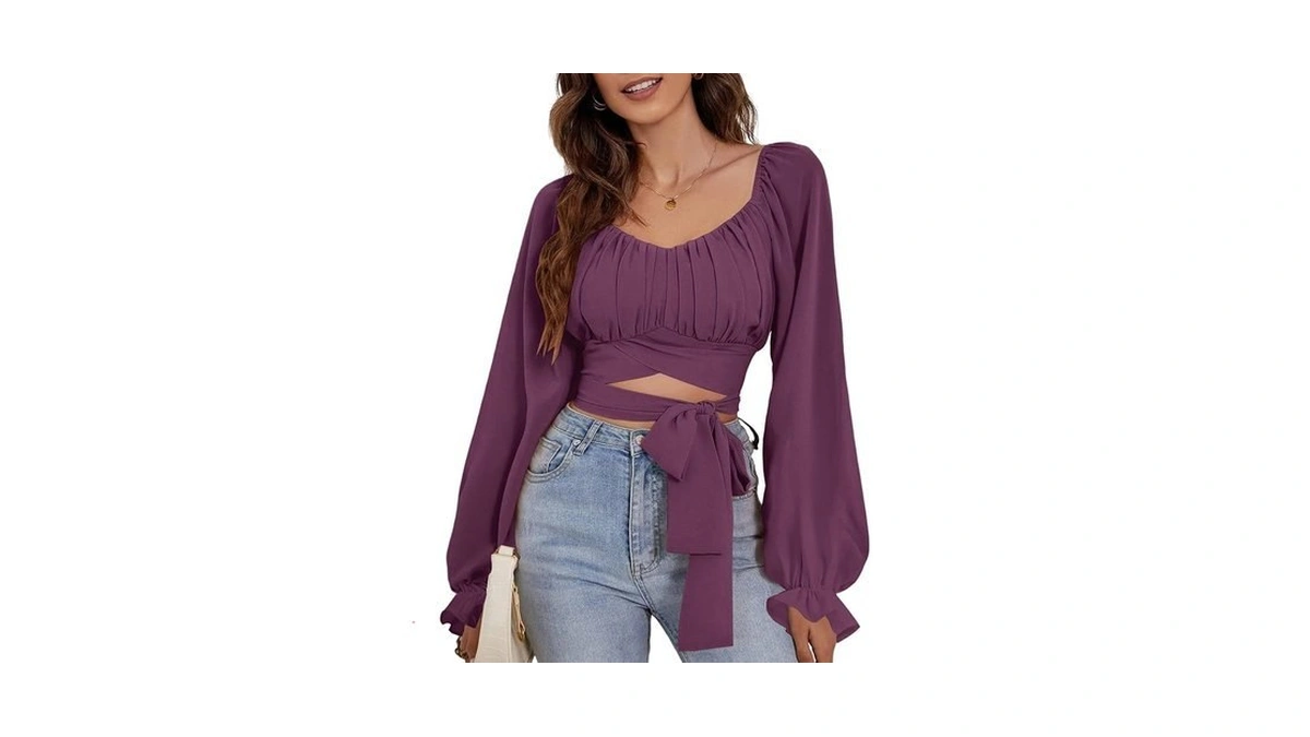 Rooscier Women's Square Neck Ruched Wrap Flounce Long Sleeve Self