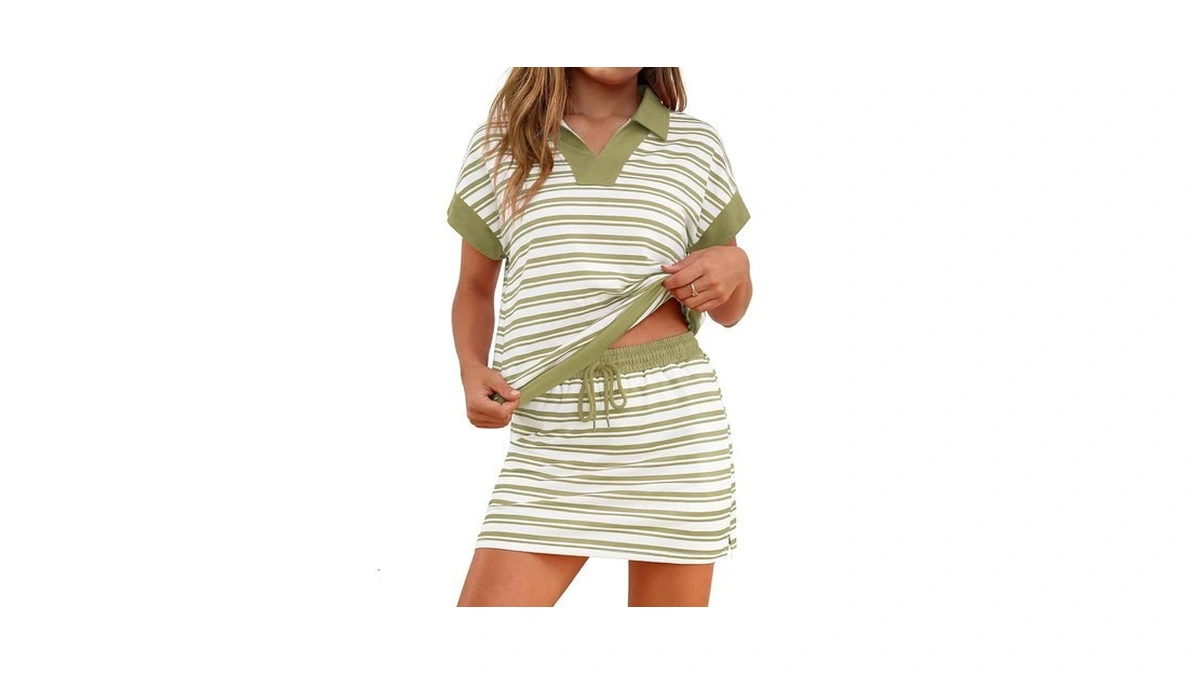 Totatuit Womens Striped 2 Piece Outfits Skirt Set Summer Casual
