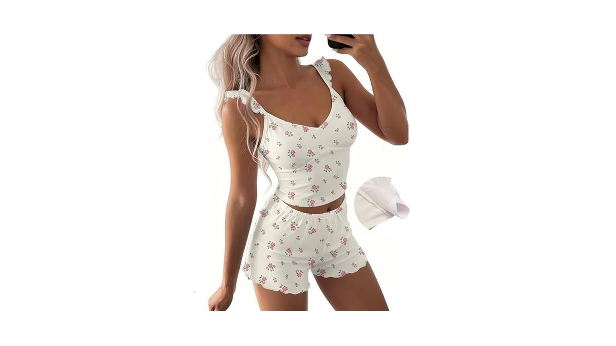 Ekouaer Womens Summer Pjs Built In Bra Ruffle 2 Piece