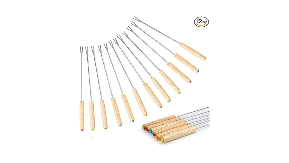 12pcs 9.5 Inch Color-coded Wood Fondue Forks, Stainless Steel Fruit