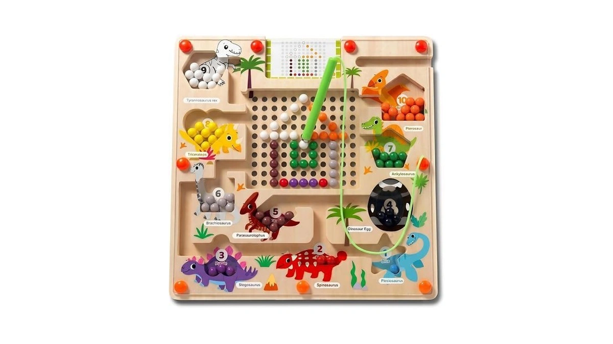 Magnetic Color And Number Maze For Toddlers, Wooden Dinosaur Counting