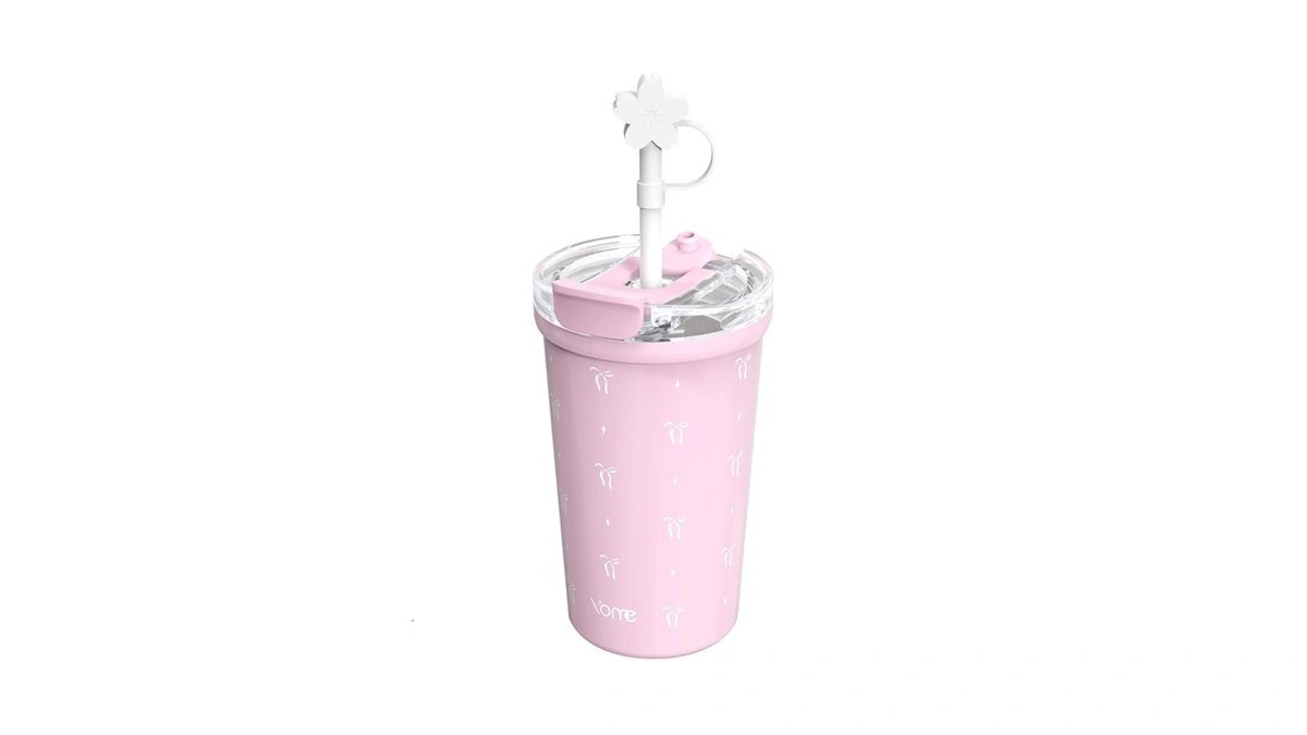 Yome 12oz Elegant Bow Pink Insulated Coffee Cup With Lid