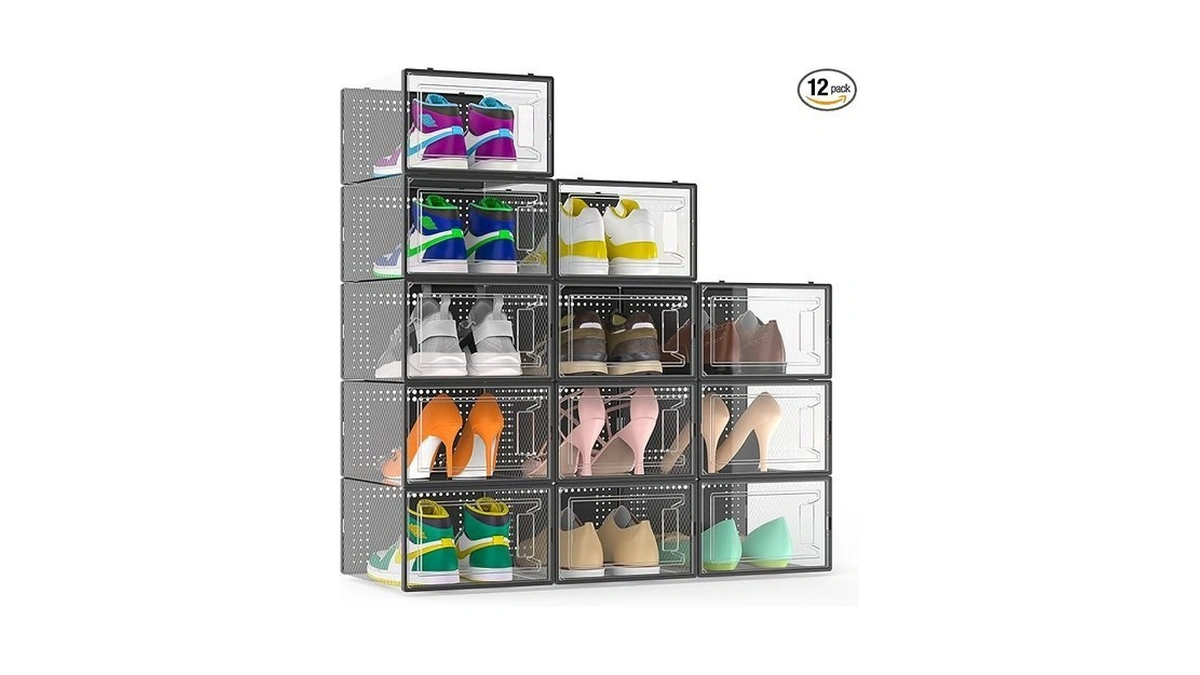 Snaxo 12 Pack Large Clear Shoe Storage Boxes, Stackable Modular