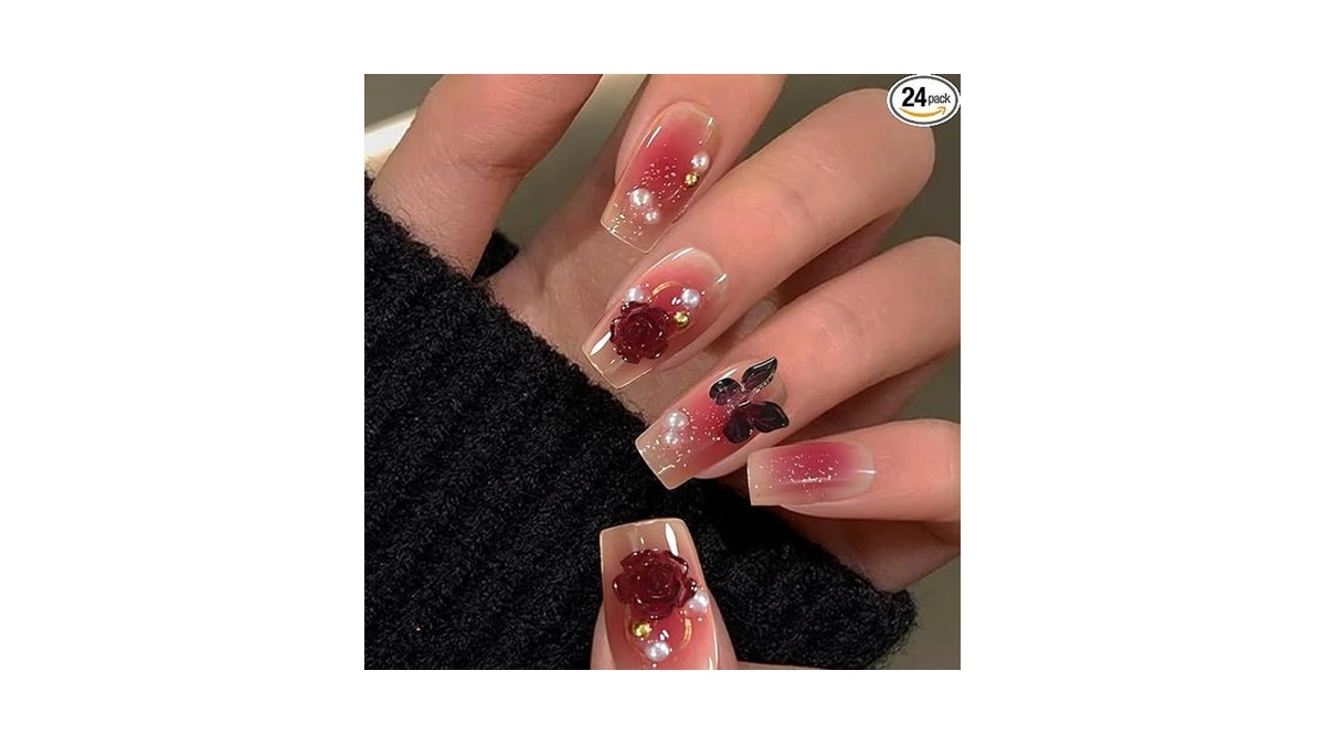 Semata Spring Red Acrylic Press On Nails Medium Long Square