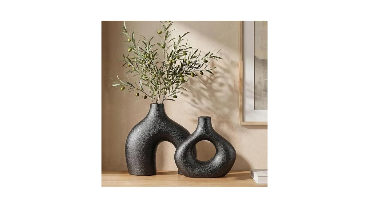 Black Ceramic Flower Vase Home Decor Set Of 2, Farmhouse