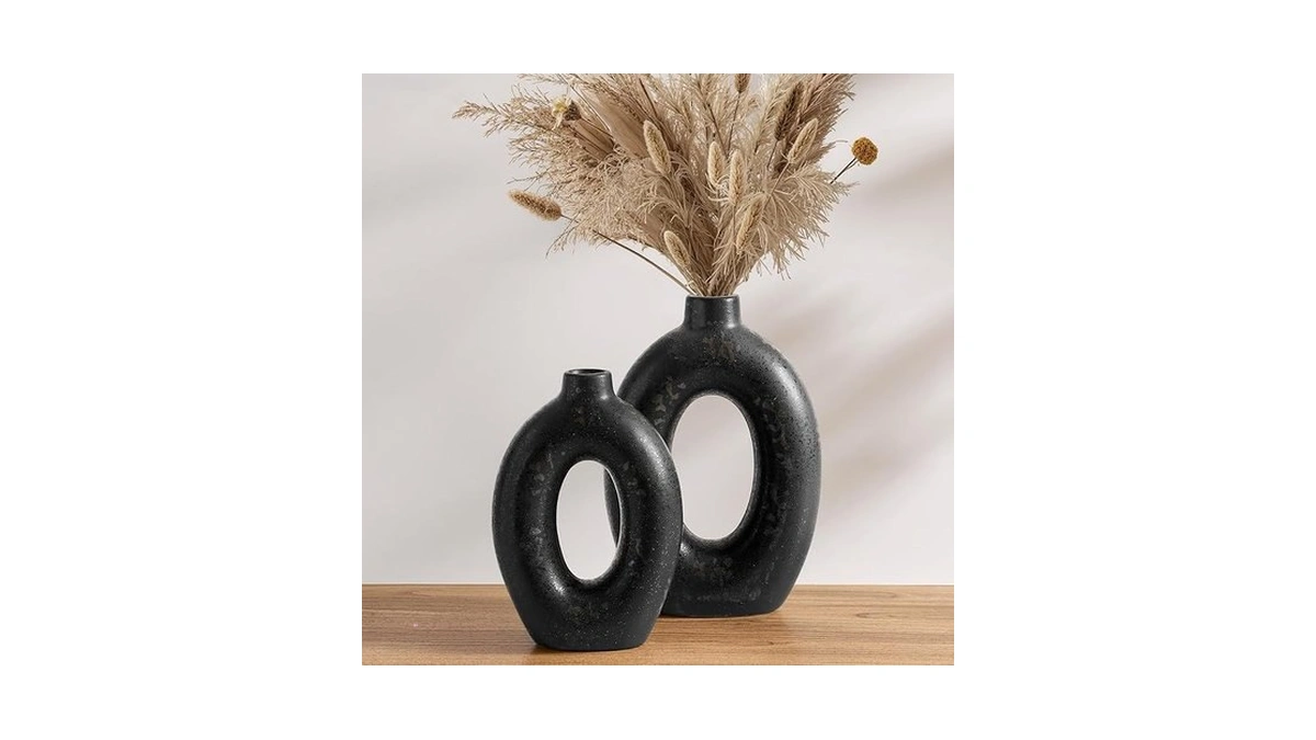 Le Tauci Ceramic Vases Set Of 2, Black Hollow Donut