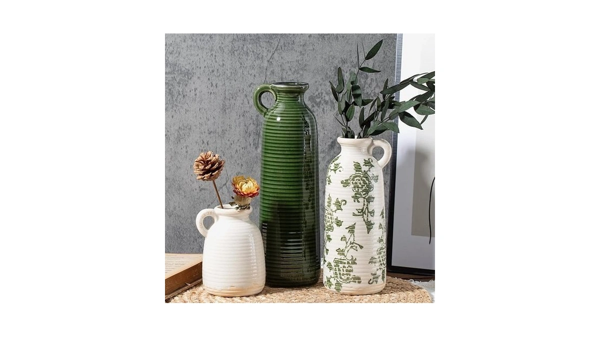 Lifestylo Ceramic Vase Set Of 3 With Handles, Green White