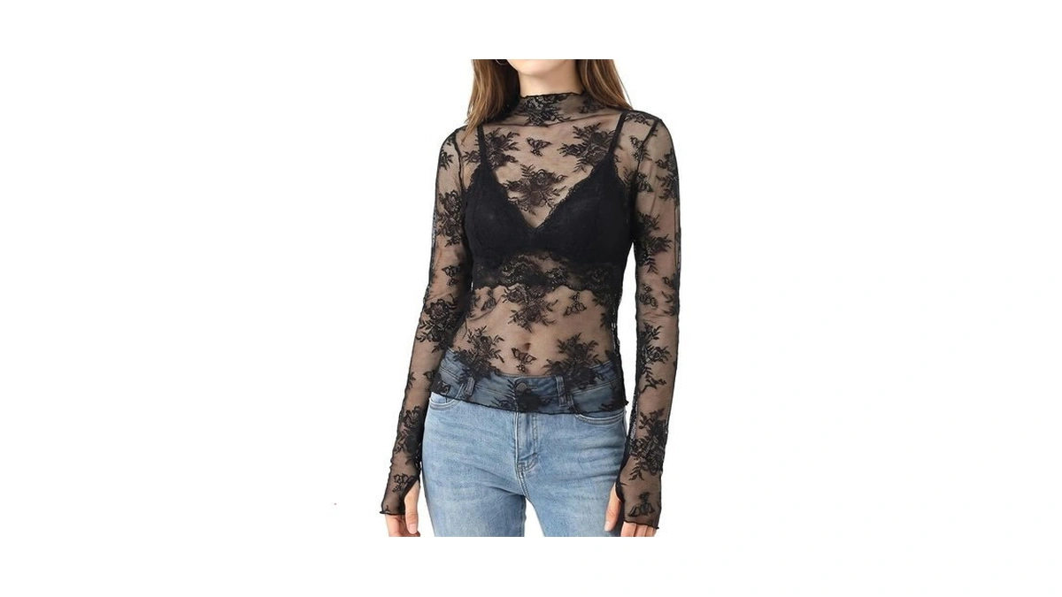 Zhouboat Women's Sheer Mesh Lace Top Long Sleeve Mock Neck