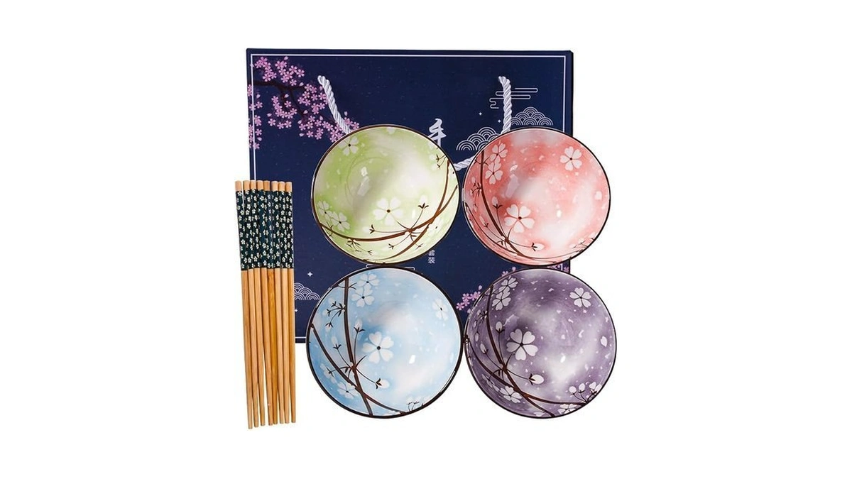 Cerficer Ceramic Rice Bowl With Bamboo Chopsticks Set Of 2,