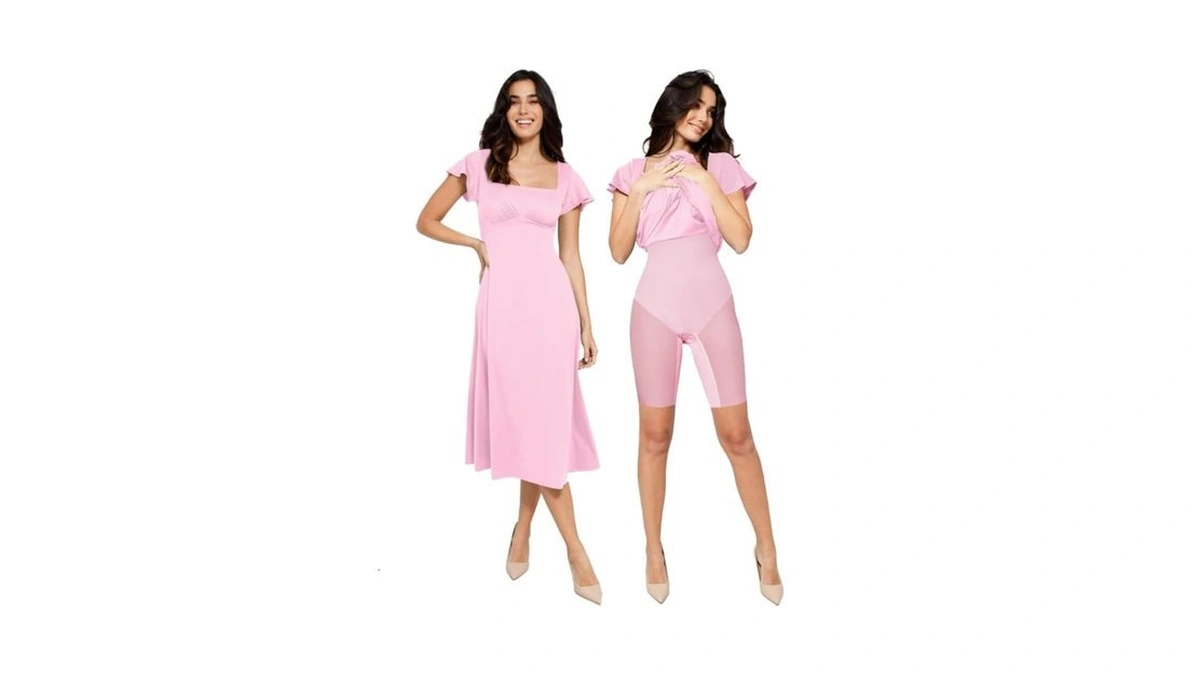 Popilush Shapewear Dress Built-in Bra Pink Short Sleeve Square Neck