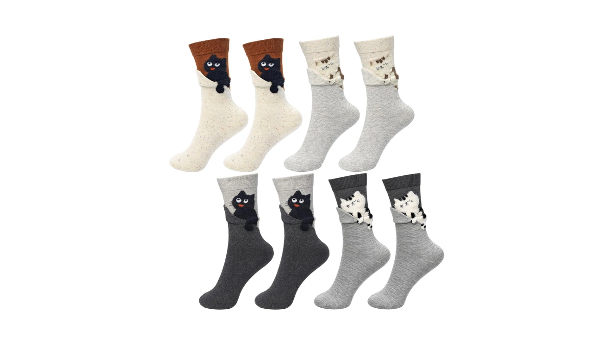 Hokoad 4 Pairs Cute Cat Socks, Novelty Cotton Funny Animal