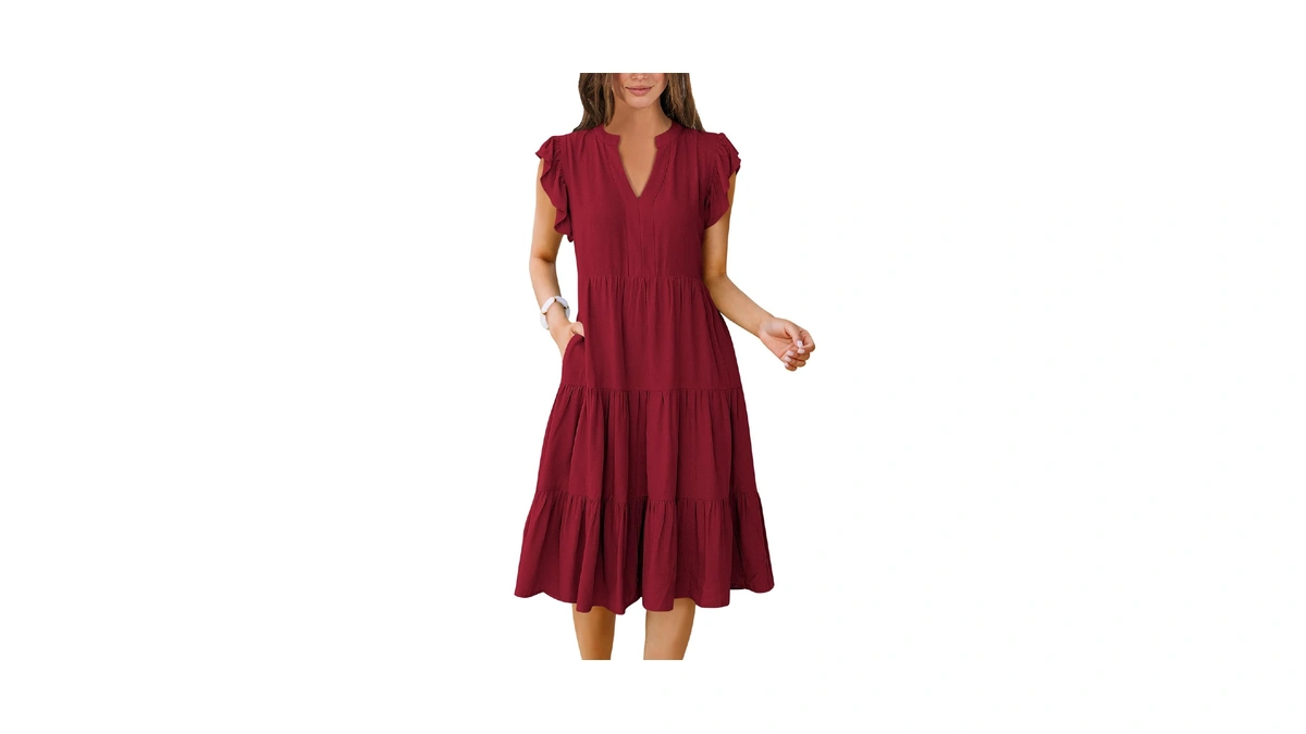 Anrabess Womens Summer Dress Ruffle Sleeve V Neck Midi Dresses
