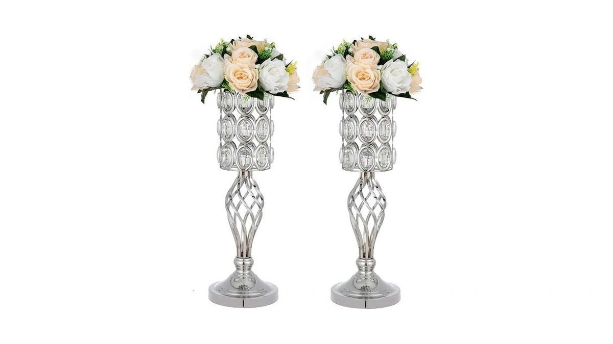 20in Wedding Centerpieces For Tables, 2pcs Silver Metal Diamond Crystal