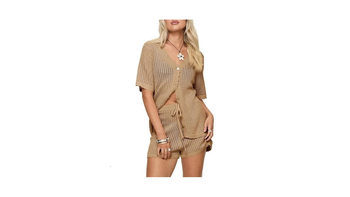 Saodimallsu Womens Crochet Swimsuit Coverup Sets Short Sleeve V Neck