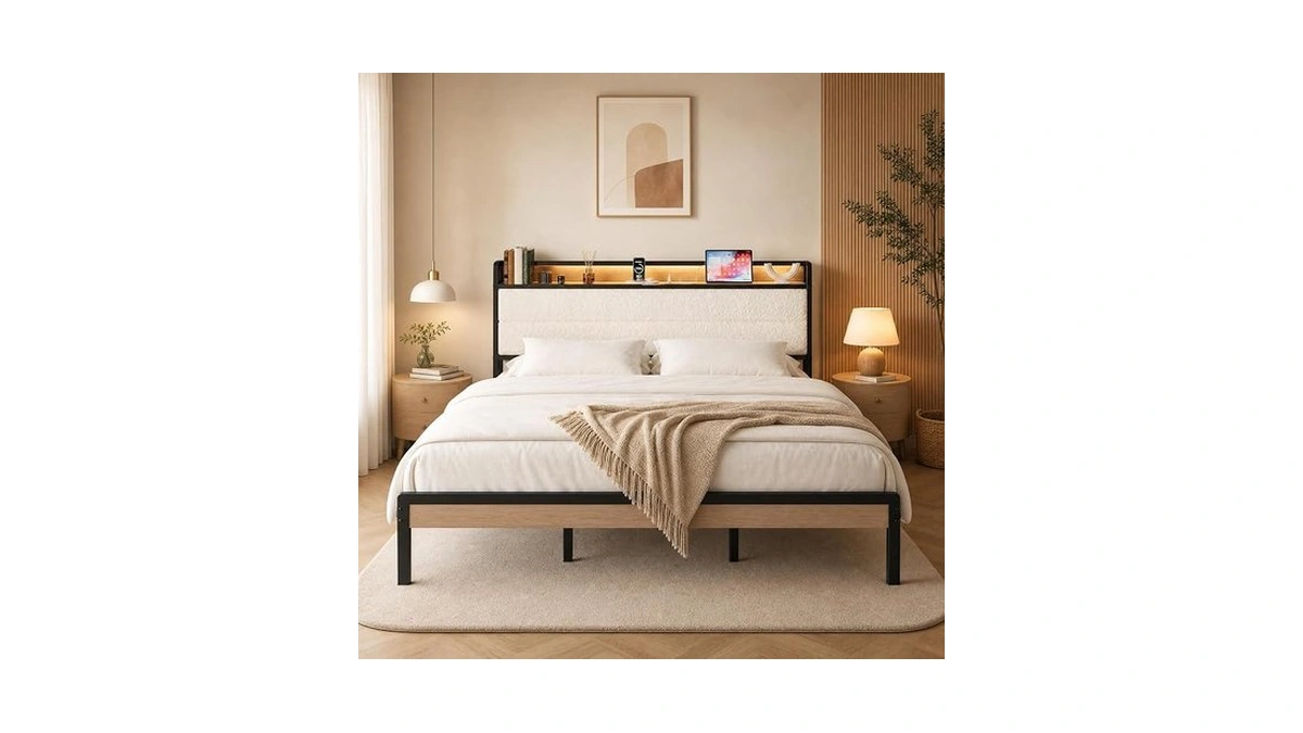 Likimio King Size Bed Frame, Storage Headboard With Led Lights