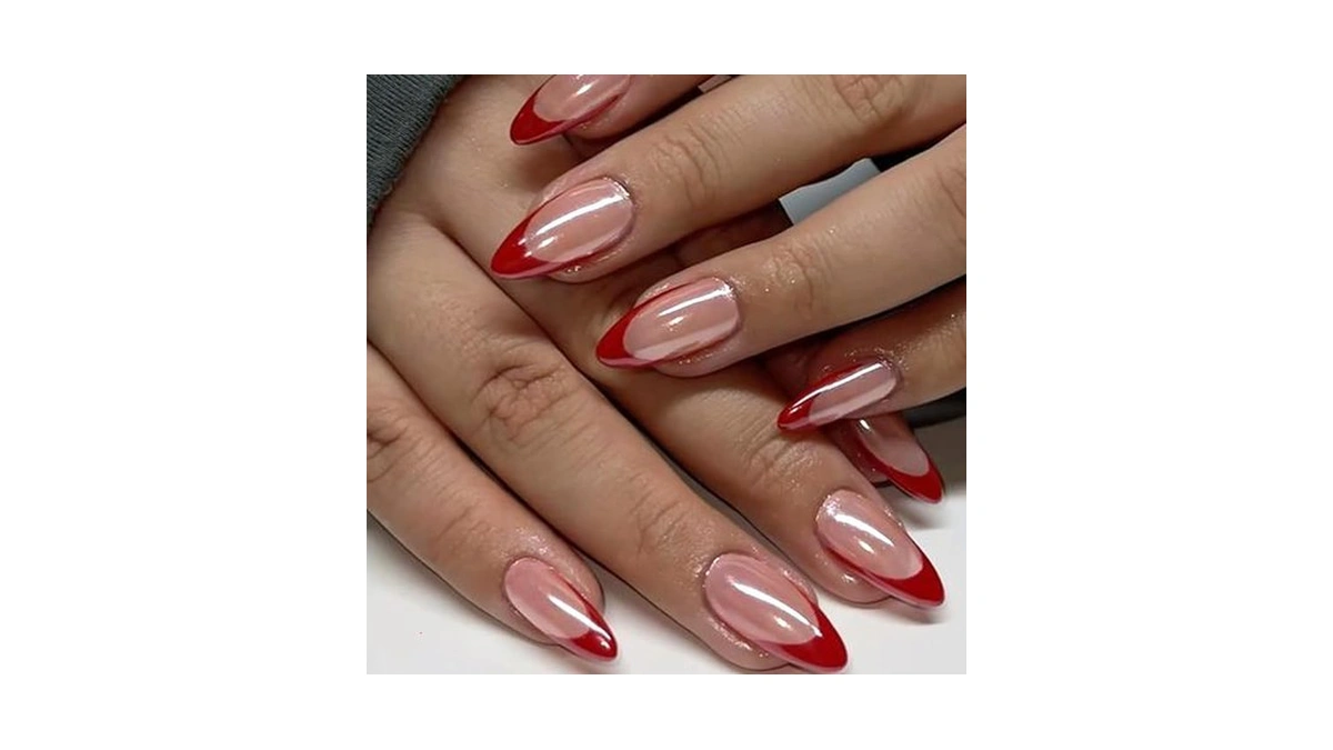 Yosommk Red French Fake Nails Medium Almond Press On Nails