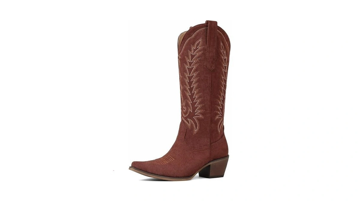 Tscoyuki Suede Brown Cowgirl Boots: Embroidered Western Knee High Boots