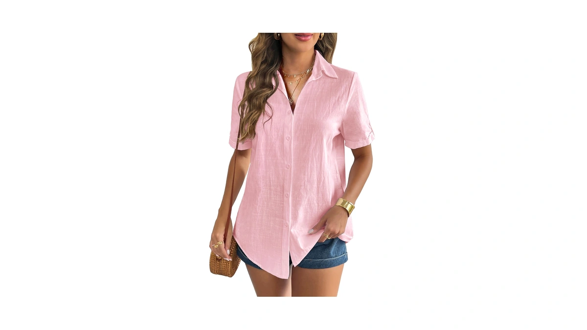 Zeagoo Womens Short Sleeve Blouse Summer Linen Button Up Shirt