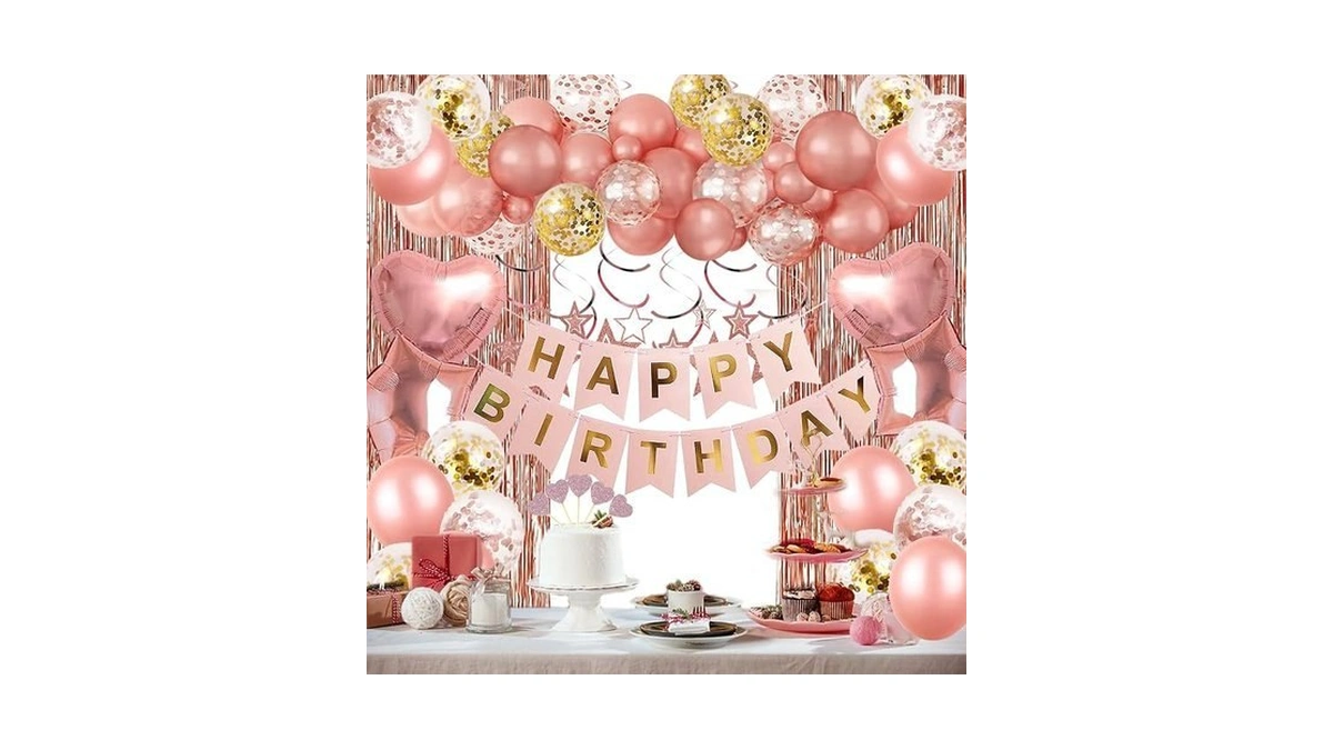 Rose Gold Birthday Party Decorations, Happy Birthday Banner, Rose Gold