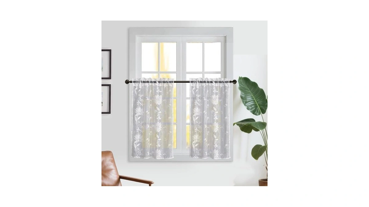Gyrohome White Floral Sheer Curtain, Light Filtering Rod Pocket Cafe