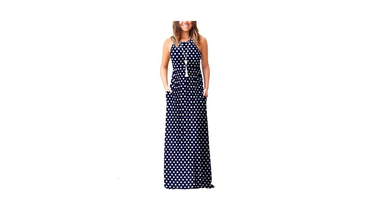 Euovmy Sleeveless Maxi Dresses For Women Navy Blue Polka Dots