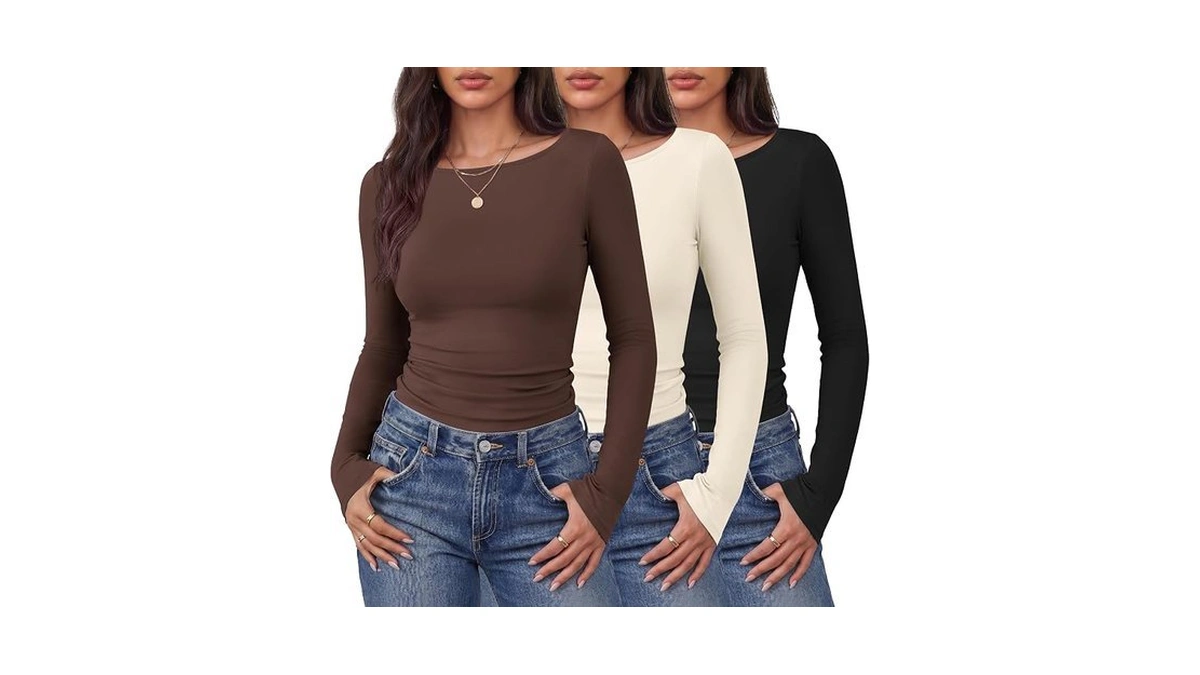 Ekouaer 3 Packs Women's Boatneck Tops Long Sleeve Shirts Basic