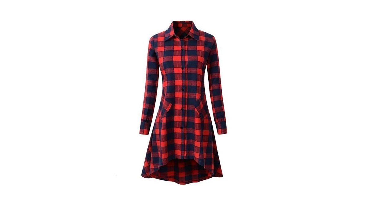 Olrain Womens Plaids V Neck Long Sleeve Irregular Hem Casual
