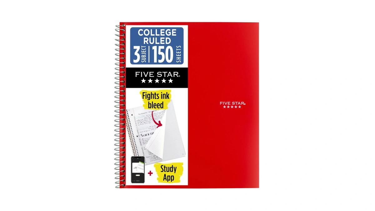 Five Star Spiral Notebook + Study App, 3 Subject, College
