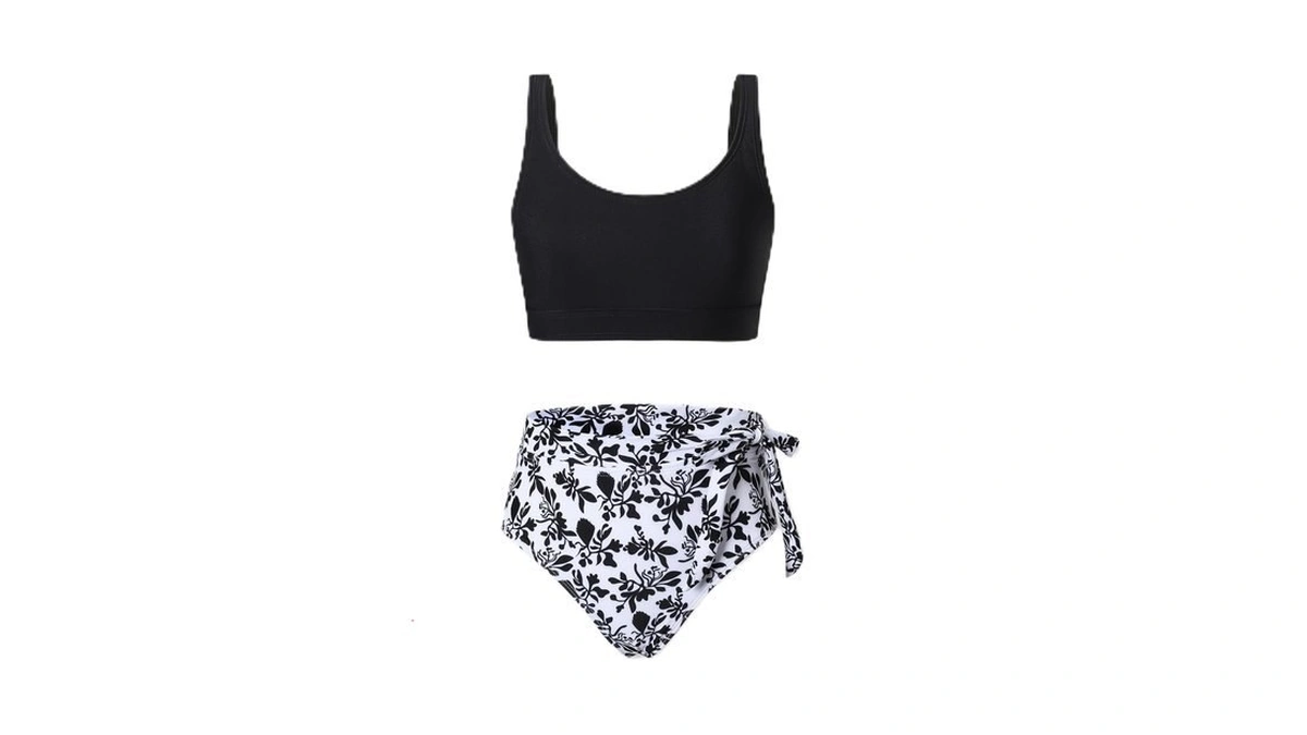 Alopncy Girls 2-piece Swimsuit Crop Black Tankini & Floral Print
