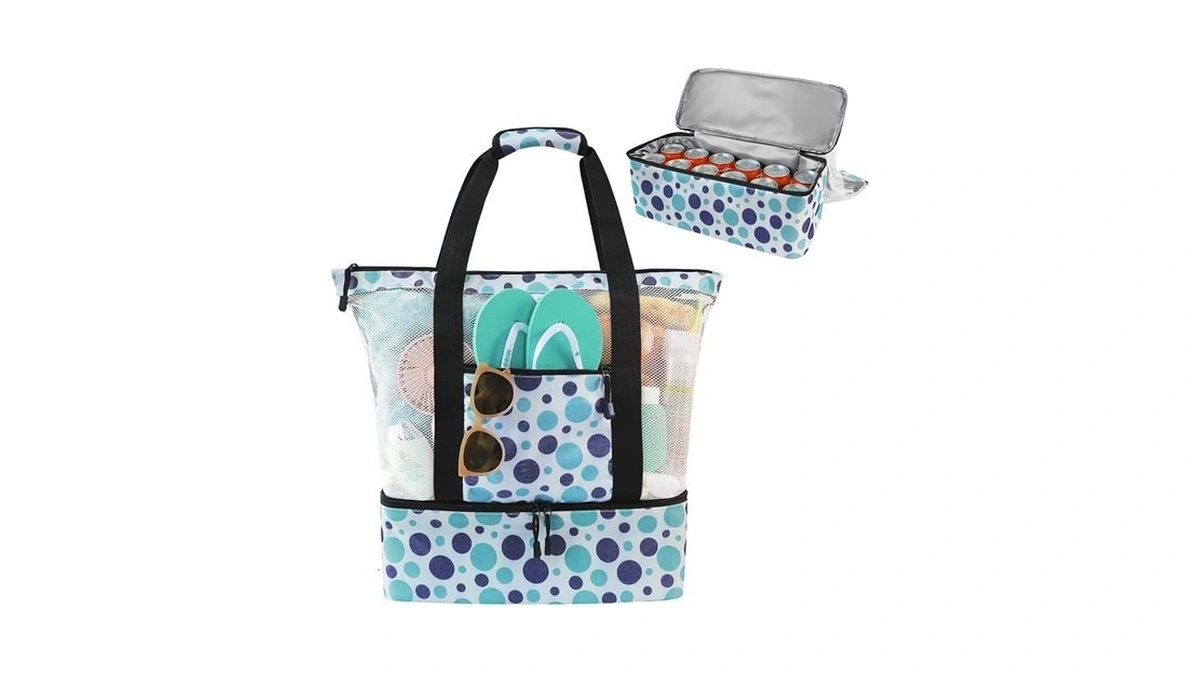 Asl Mesh Beach Bag With Cooler Compartment For Women, 2-in-1