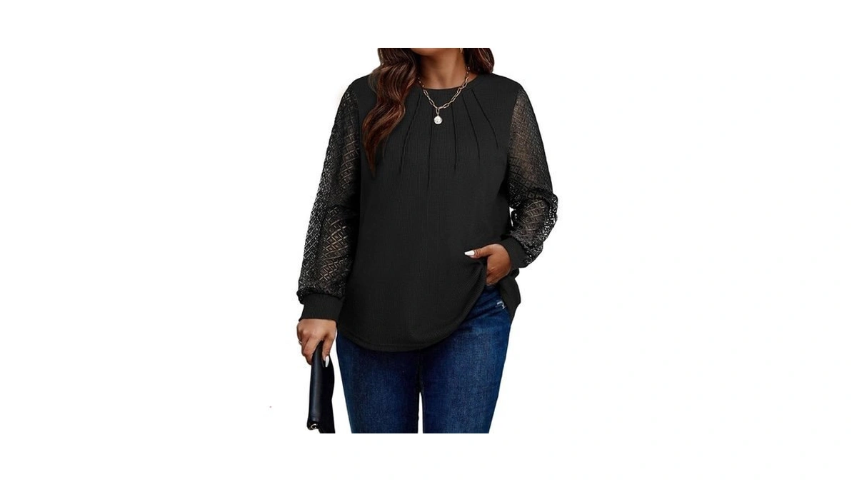 Eytino Plus Size Tops For Women Lace Long Sleeve Crewneck
