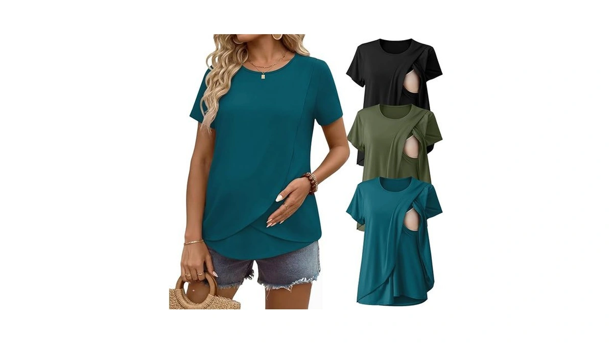 Ekouaer Nursing Shirts 3 Packs Short Sleeve Breastfeeding Tops Summer