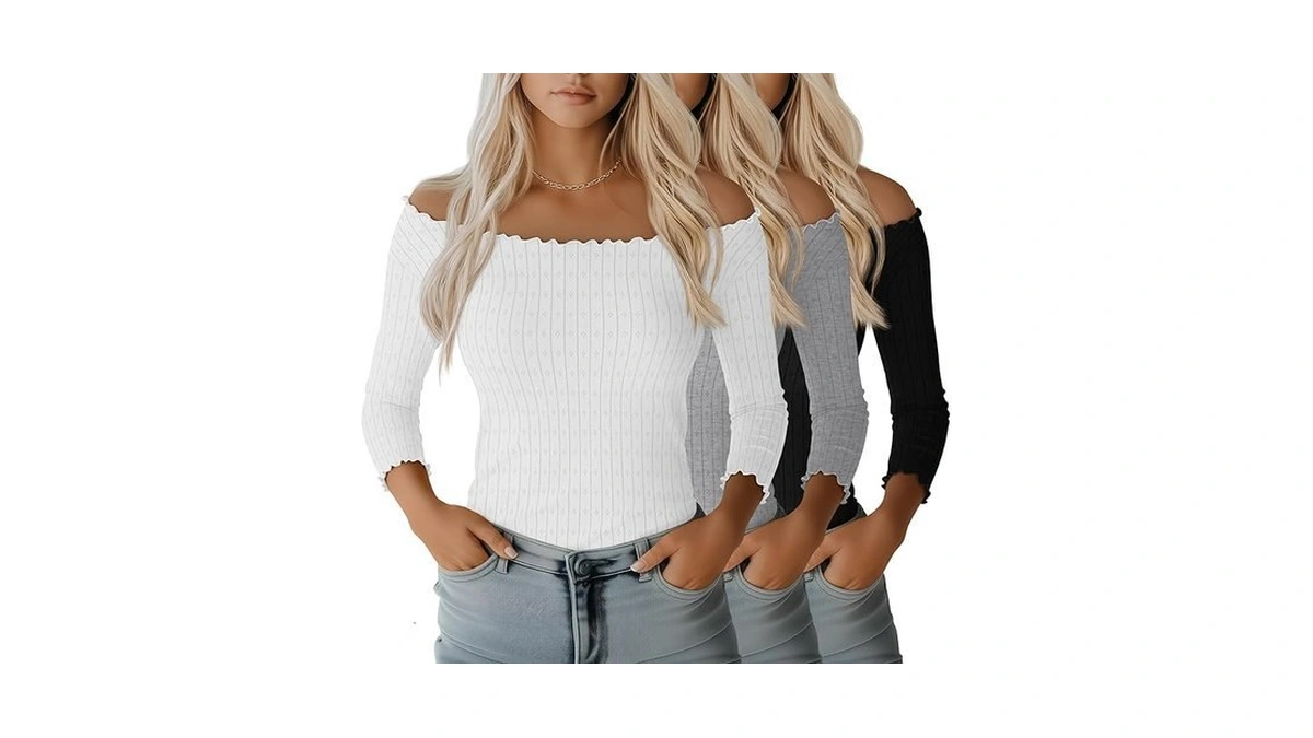 Velvelhall 3 Pack Women's 3/4 Sleeve Boat Neck Tops Lettuce