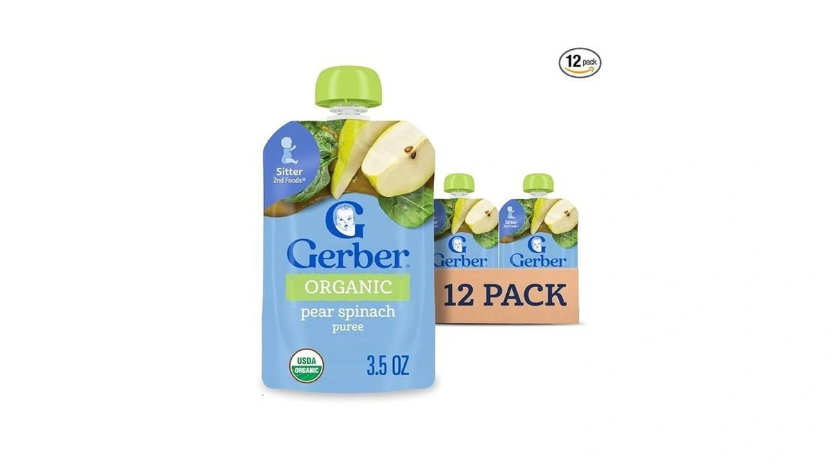 Gerber Stage 2 Organic Pear Spinach Pouches, 3.5 Oz, 12