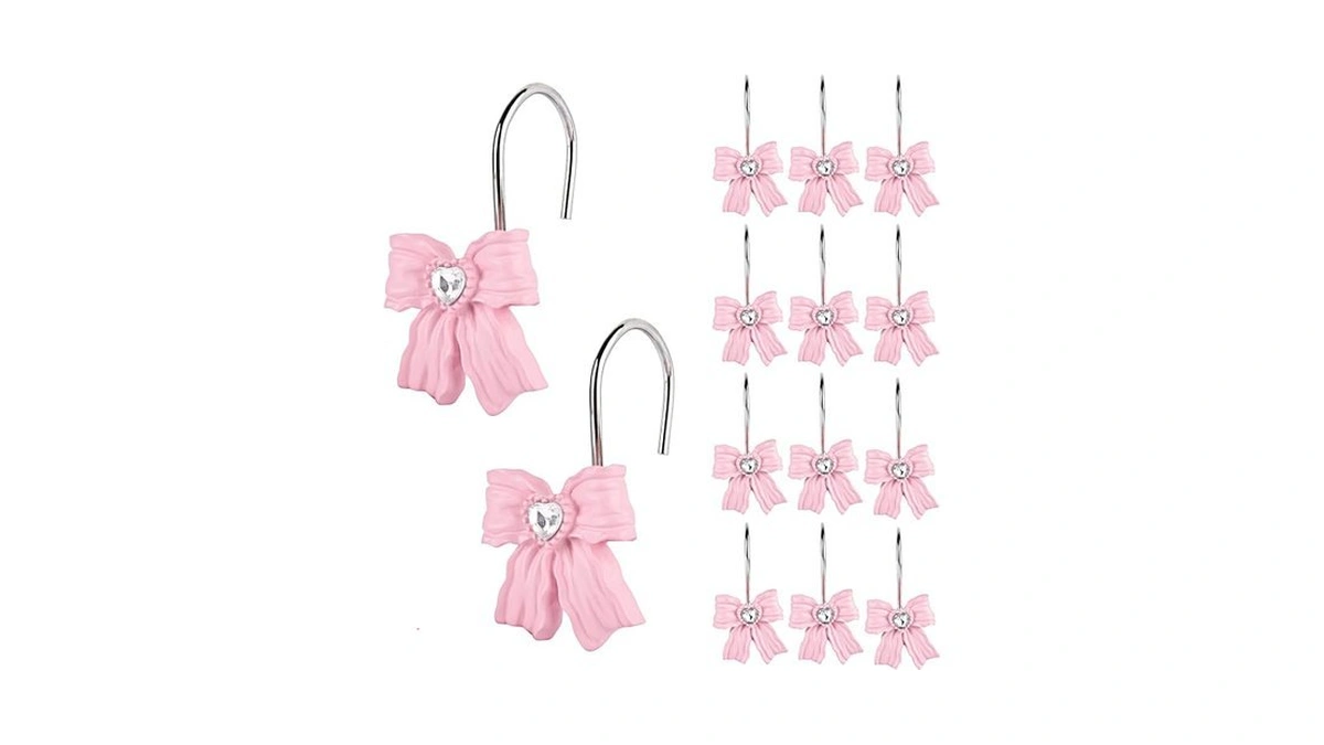 12pcs Shower Curtain Hooks Rings,pink Bow Resin Curtain Hooks Shower