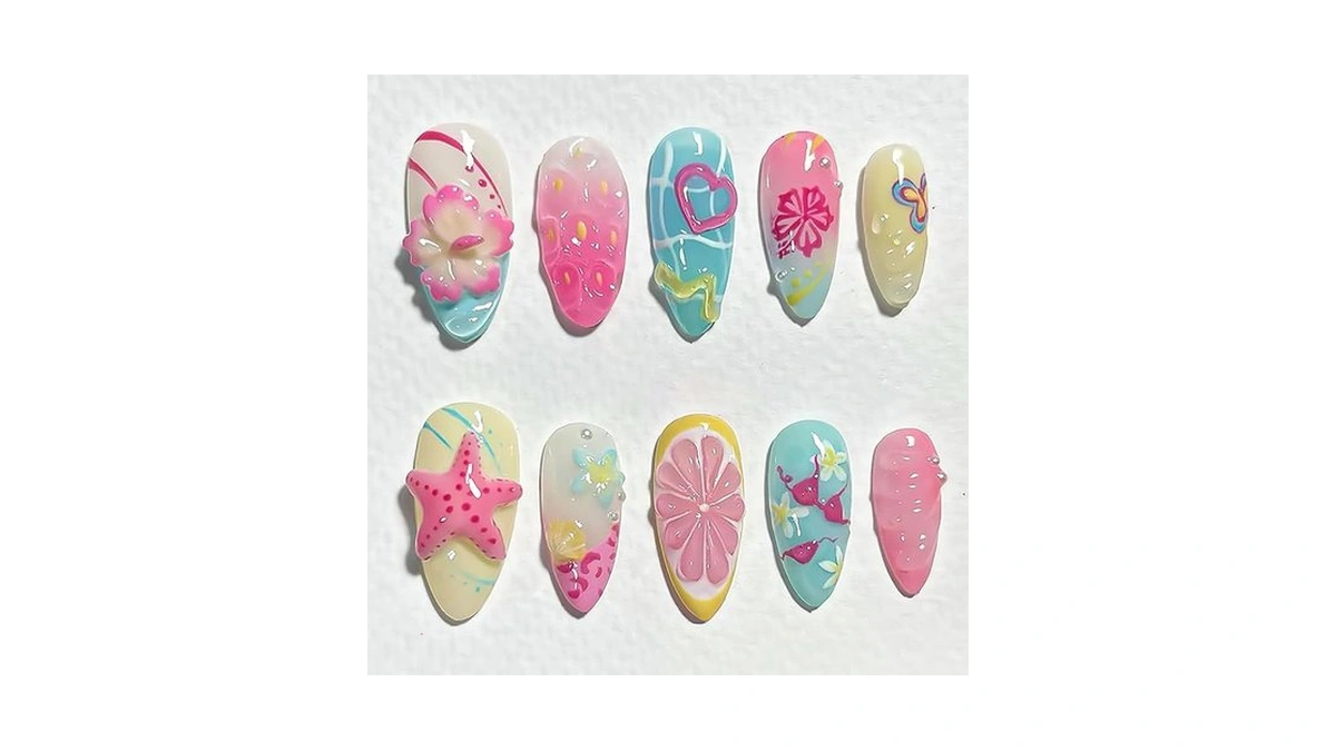 Summer Beach Press On Nails Medium Almond Fake Nail With