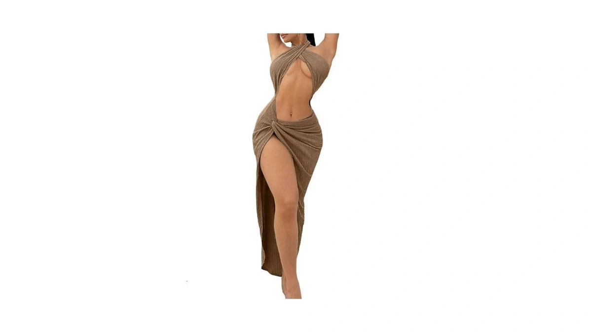 Beaudrm Women's Twist Front Sleeveless Halter Tie Long Dress Split