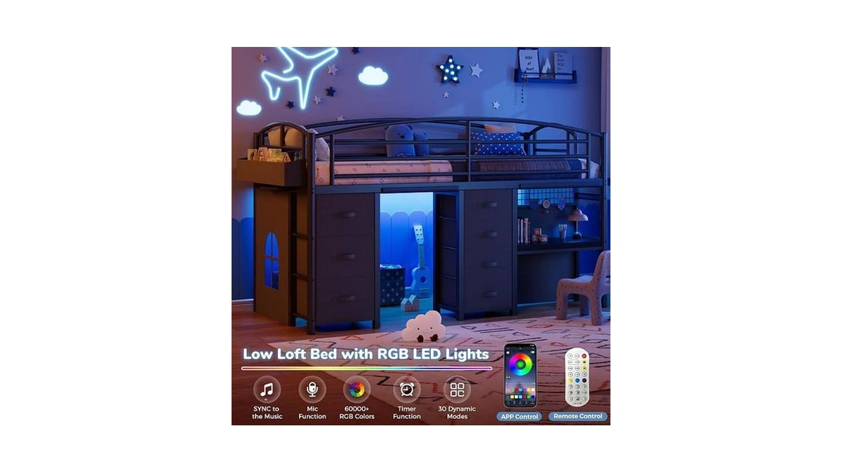 Low Loft Bed Twin Size With 7 Storage Drawers, Desk